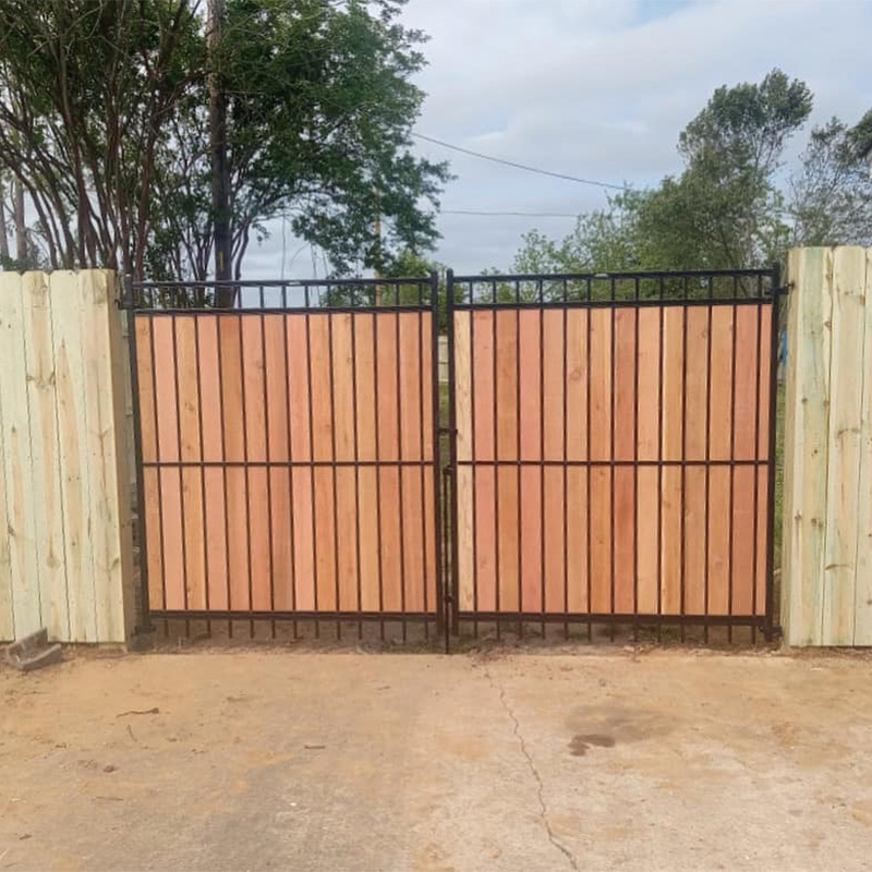 decorative steel double gate with wood planks for privacy